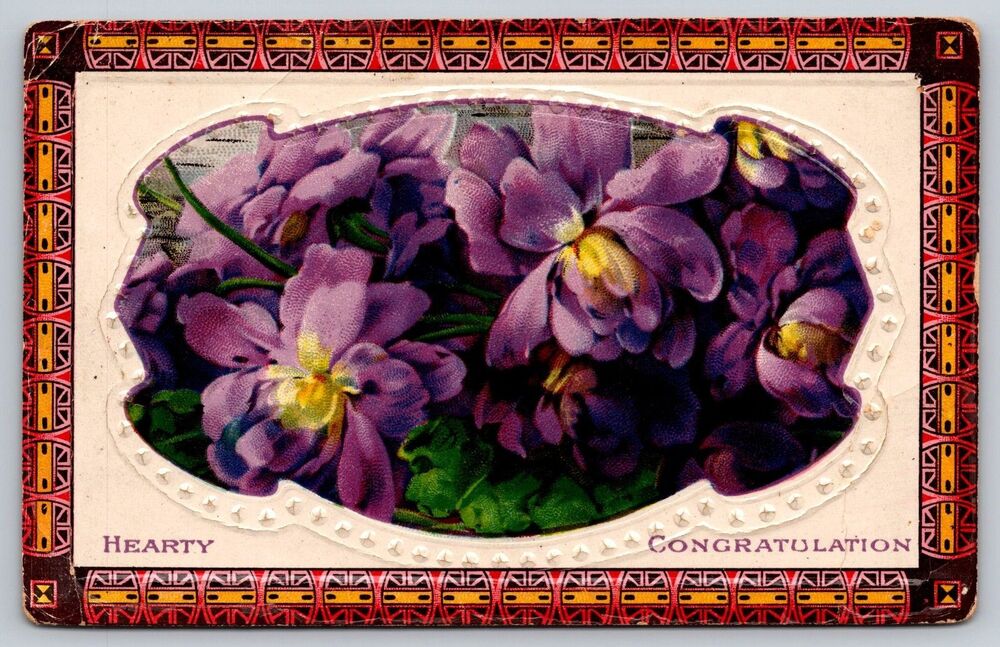 Antique 1912 Embossed Postcard Hearty Congratulation Purple Violets Germany 7076
